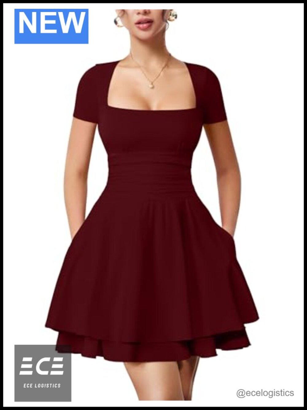 Women's Square Neck Short Sleeve Mini Party Dress with Pockets